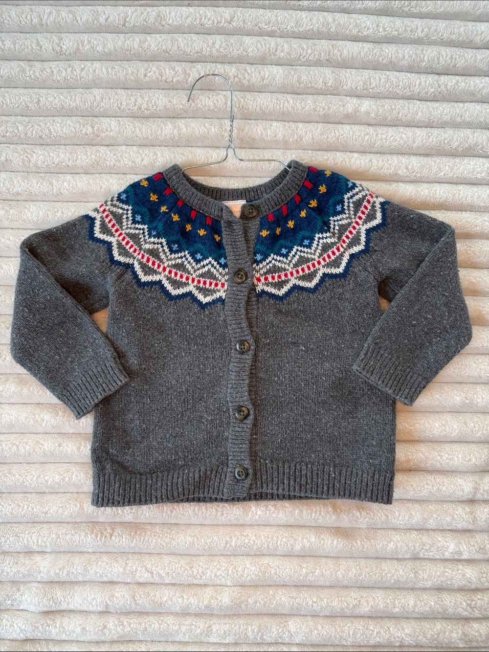 Hanna Andersson Gray Cardigan with Blue Fair Isle Yoke